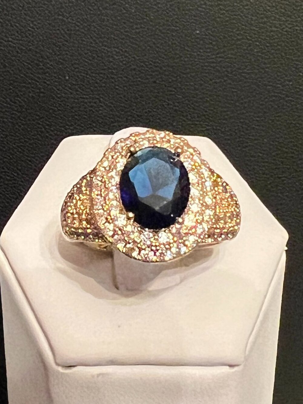 Gold Tone Blue Oval Stone Pave Accent Cocktail Ring Size 8 (429)